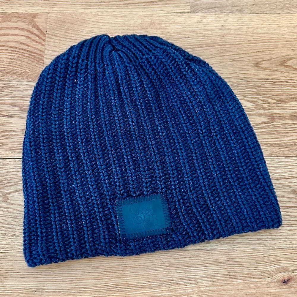 Love Your Melon Black on Black Leather Patch Beanie